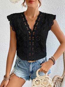 SHEIN Frenchy Guipure Lace Panel Cap Sleeve Blouse Summer Black - Black - View 5