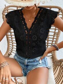 SHEIN Frenchy Guipure Lace Panel Cap Sleeve Blouse Summer Black - Black - View 7