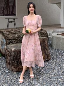 DAZY Floral Print Puff Sleeve Dress - Pink - View 2