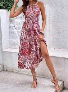 SHEIN Frenchy Paisley Print Keyhole Neckline Dress - Red - View 3