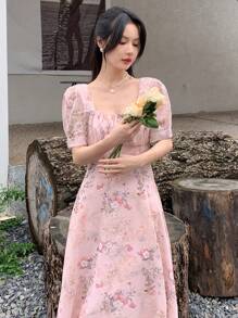 DAZY Floral Print Puff Sleeve Dress - Pink - View 5