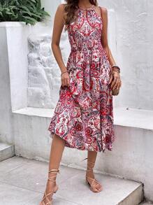 SHEIN Frenchy Paisley Print Keyhole Neckline Dress - Red - View 4