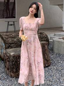 DAZY Floral Print Puff Sleeve Dress - Pink - View 7