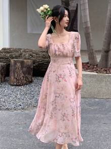 DAZY Floral Print Puff Sleeve Dress - Pink - View 1