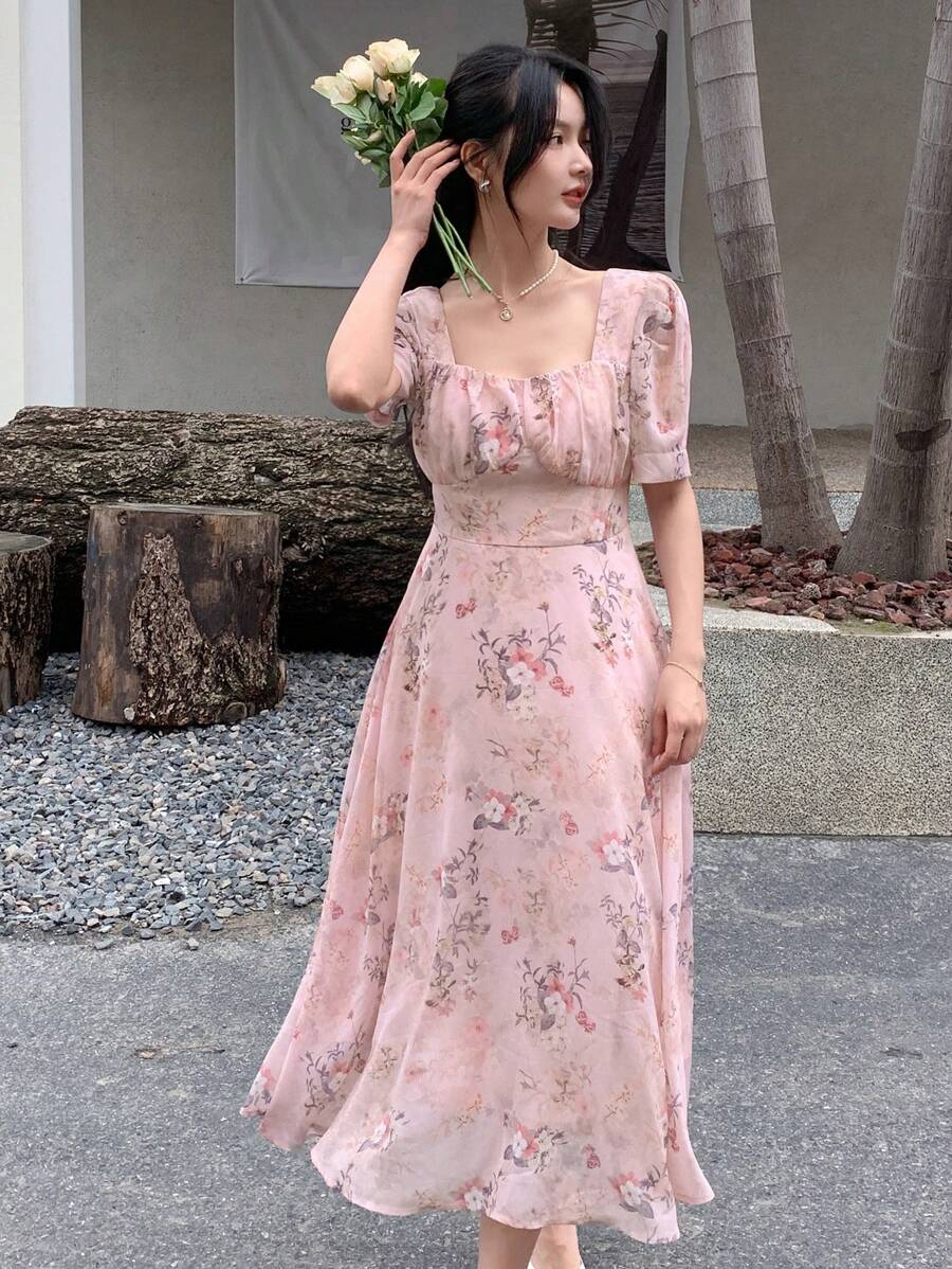 DAZY Floral Print Puff Sleeve Dress - Pink - View 1