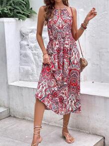 SHEIN Frenchy Paisley Print Keyhole Neckline Dress - Red - View 7