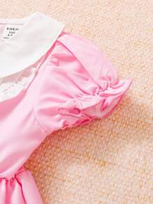 SHEIN 嬰兒卡通圖案彼得潘領泡泡袖連衣裙 - 粉色 - 查看 4