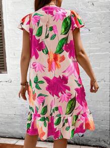 SHEIN LUNE 大碼波西米亞揉皺 荷葉邊花卉印花連衣裙 - 彩色 - 查看 2