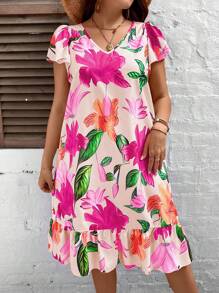 SHEIN LUNE 大碼波西米亞揉皺 荷葉邊花卉印花連衣裙 - 彩色 - 查看 3