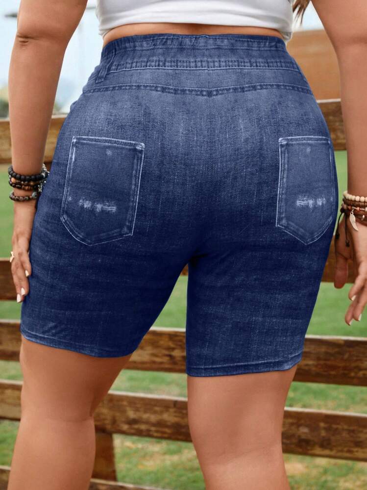 EMERY ROSE Leggings cortos de efecto vaquero digital de talla grande - Azul Marino - Añade 2