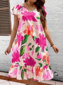 SHEIN LUNE 大碼波西米亞揉皺 荷葉邊花卉印花連衣裙 - 彩色 - 查看 4