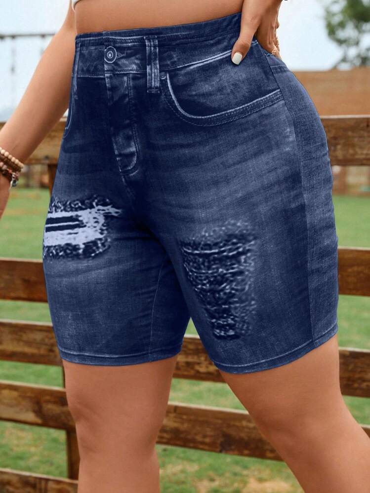 EMERY ROSE Leggings cortos de efecto vaquero digital de talla grande - Azul Marino - Añade 3