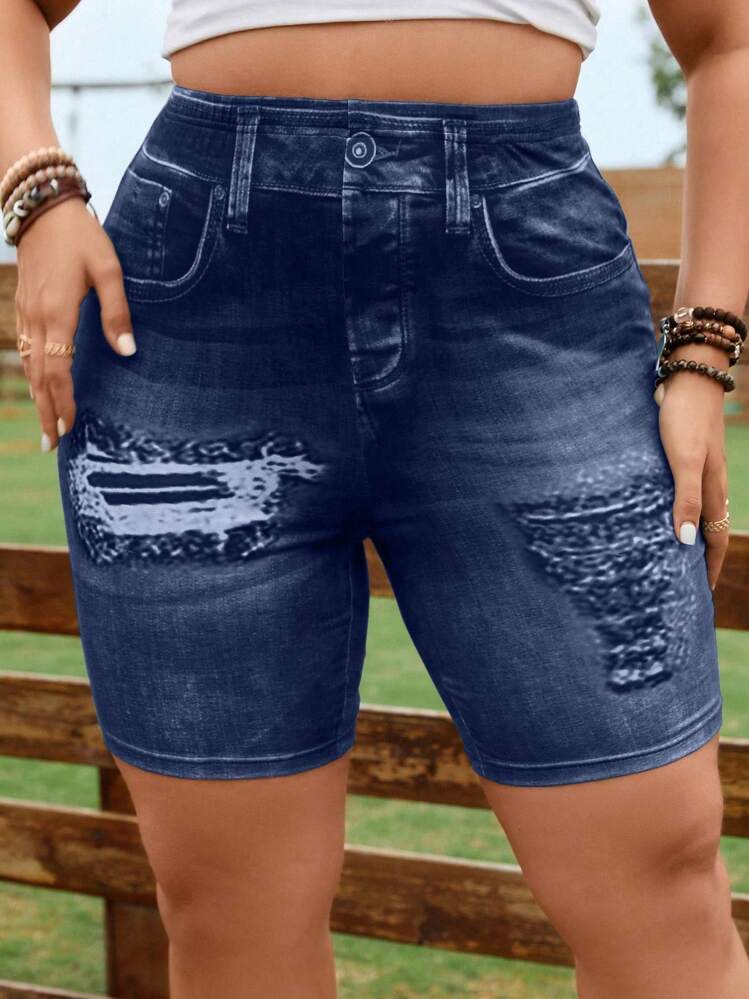 EMERY ROSE Leggings cortos de efecto vaquero digital de talla grande - Azul Marino - Añade 4