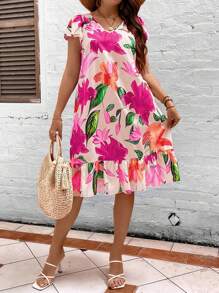 SHEIN LUNE 大碼波西米亞揉皺 荷葉邊花卉印花連衣裙 - 彩色 - 查看 6