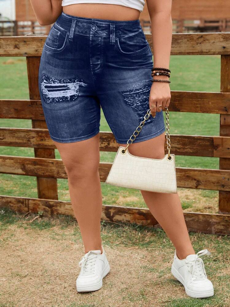 EMERY ROSE Leggings cortos de efecto vaquero digital de talla grande - Azul Marino - Añade 7