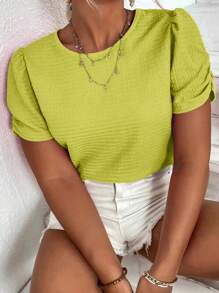 SHEIN LUNE 大碼素色泡泡袖T恤 - 黃色 - 查看 1