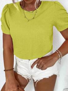 SHEIN LUNE 大碼素色泡泡袖T恤 - 黃色 - 查看 4