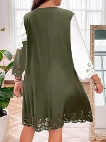 EMERY ROSE 大碼印花鏤空貝殼邊洋裝 - 橄欖綠 - 查看 2