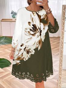 EMERY ROSE 大碼印花鏤空貝殼邊洋裝 - 橄欖綠 - 查看 3