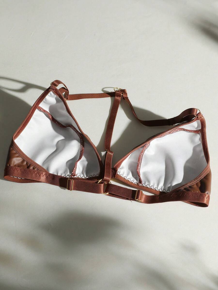 Sujetador unido en contraste PU - Café integral - Ver 1
