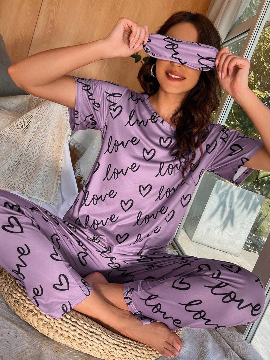 Heart & Letter Graphic PJ Set / Pajama Set With Eye Cover - Purple - View 1