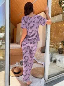 Heart & Letter Graphic PJ Set / Pajama Set With Eye Cover - Purple - View 2