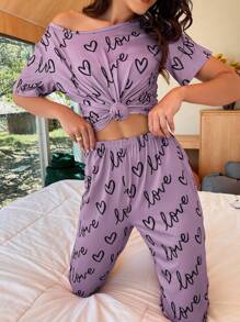 Heart & Letter Graphic PJ Set / Pajama Set With Eye Cover - Purple - View 4