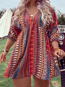 Breezaya Plus Allover Print Batwing Sleeve Dress