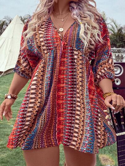 SHEIN LUNE Plus Allover Print Batwing Sleeve Dress