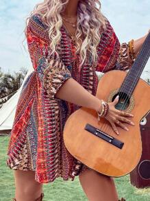 Breezaya Plus Allover Print Batwing Sleeve Dress