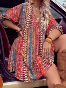 Breezaya Plus Allover Print Batwing Sleeve Dress