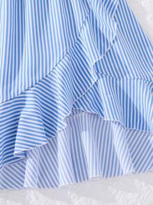 SHEIN Tween Girl 条纹不对称领口荷叶边裹身下摆连衣裙，适合度假、夏季、旅行 - 藍白色 - 查看 6
