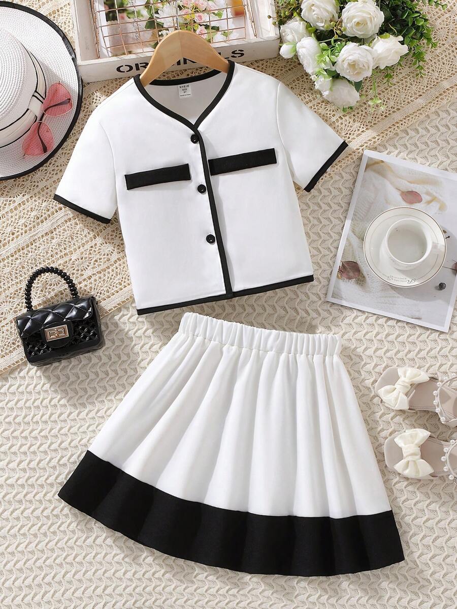 Chicas Falda con top unido en contraste con botón delantero - Blanco - Ver 1
