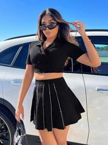 SHEIN SXY Solid Crop Blazer & Rhinestone Detail Pleated Skirt - Black - View 4