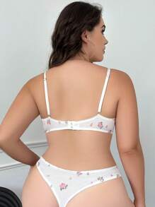 Plus Floral Print Underwire Lingerie Set, Bra & Panty Set - White - View 2