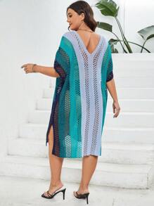SHEIN Swim Curve Plus Colorblock Hollow Out Dolman Sleeve Cover Up Dress Without Bikini Set - Multicolor - View 2