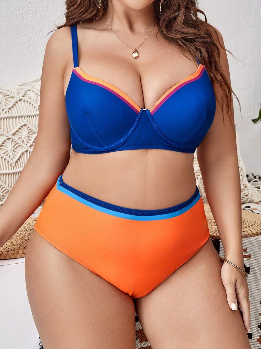 SHEIN Swim Curve Top bikini de color combinado unido en contraste push up - Azul - Ver 1