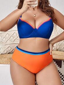 SHEIN Swim Curve Top bikini de color combinado unido en contraste push up - Azul - Ver 4
