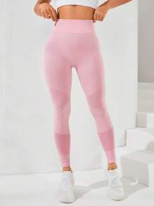 Yoga Basic Wide Waistband Sports Leggings - Pink - View 3