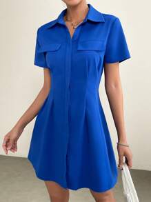 SHEIN EZwear Đầm Uốn nếp màu trơn Giải trí - Màu xanh lam - Xem 6