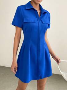 SHEIN EZwear Đầm Uốn nếp màu trơn Giải trí - Màu xanh lam - Xem 7