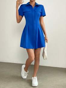 SHEIN EZwear Đầm Uốn nếp màu trơn Giải trí - Màu xanh lam - Xem 2