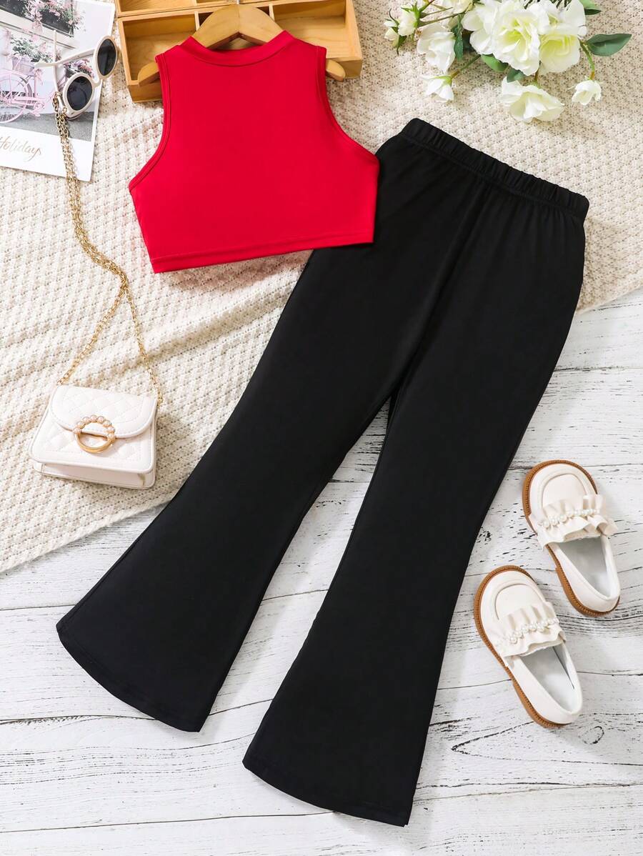 Top De Tanque Sólido Y Pantalones De Pierna Ancha Para Chica Adolescente - Multicolor - Ver 1