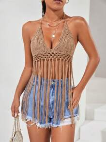 SHEIN VCAY Fringe Hem Tie Backless Halter Neck Crop Crochet Cover Up Top - Khaki - View 1