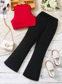 Top De Tanque Sólido Y Pantalones De Pierna Ancha Para Chica Adolescente - Multicolor - Ver 2