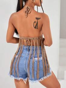 SHEIN VCAY Fringe Hem Tie Backless Halter Neck Crop Crochet Cover Up Top - Khaki - View 2