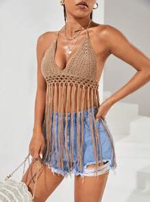 SHEIN VCAY Fringe Hem Tie Backless Halter Neck Crop Crochet Cover Up Top - Khaki - View 4