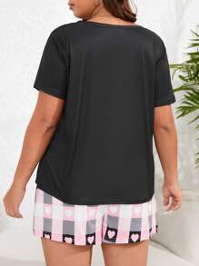 Plus Heart & Slogan Graphic Tee & Plaid Print Shorts PJ Set / Pajama Set - Multicolor - View 2