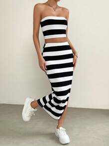 SHEIN EZwear Striped Print Tube Top & Split Thigh Skirt - Black and White - View 5