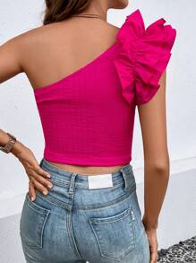 Chiquease One Shoulder Ruffle Trim Crop Top - Hot Pink - View 2